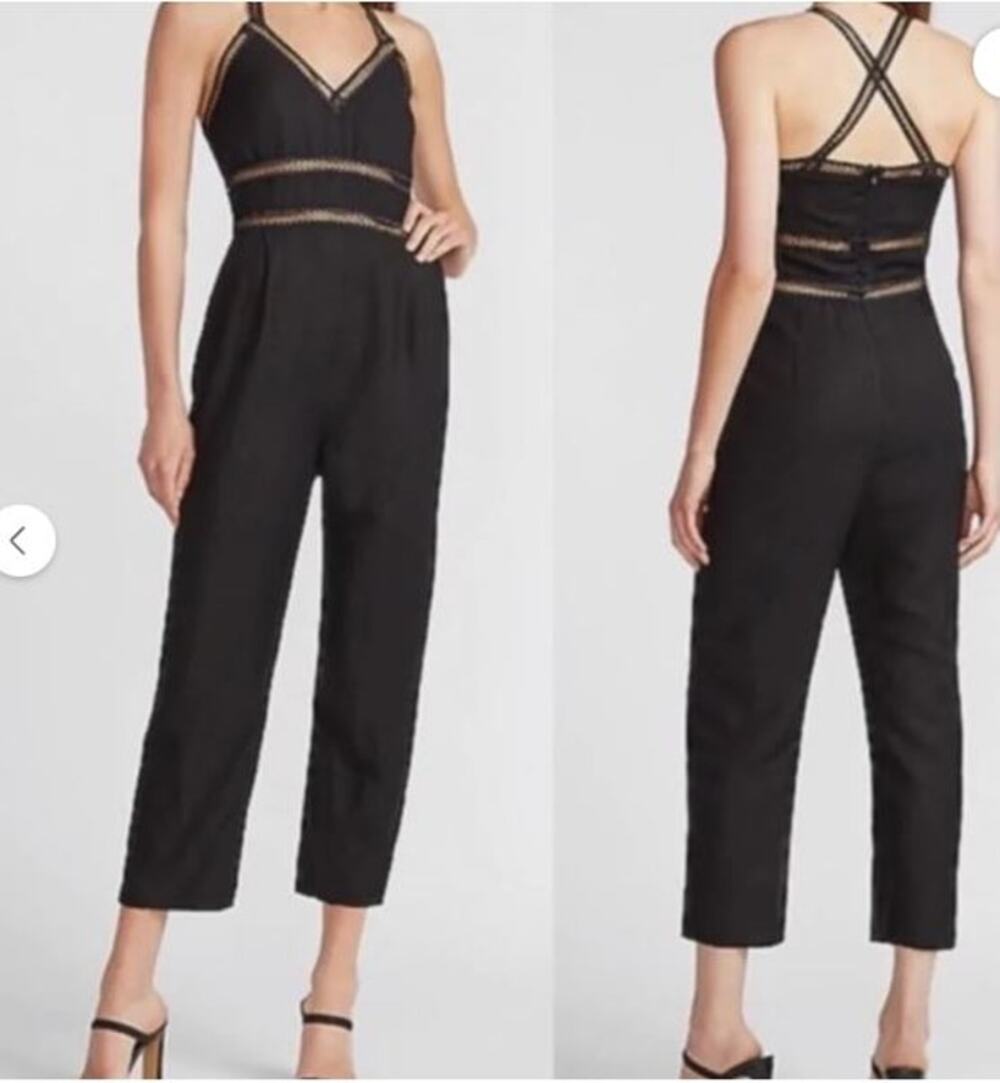 Express Washable Linen Blend Jumpsuit with Sheer Lace Details